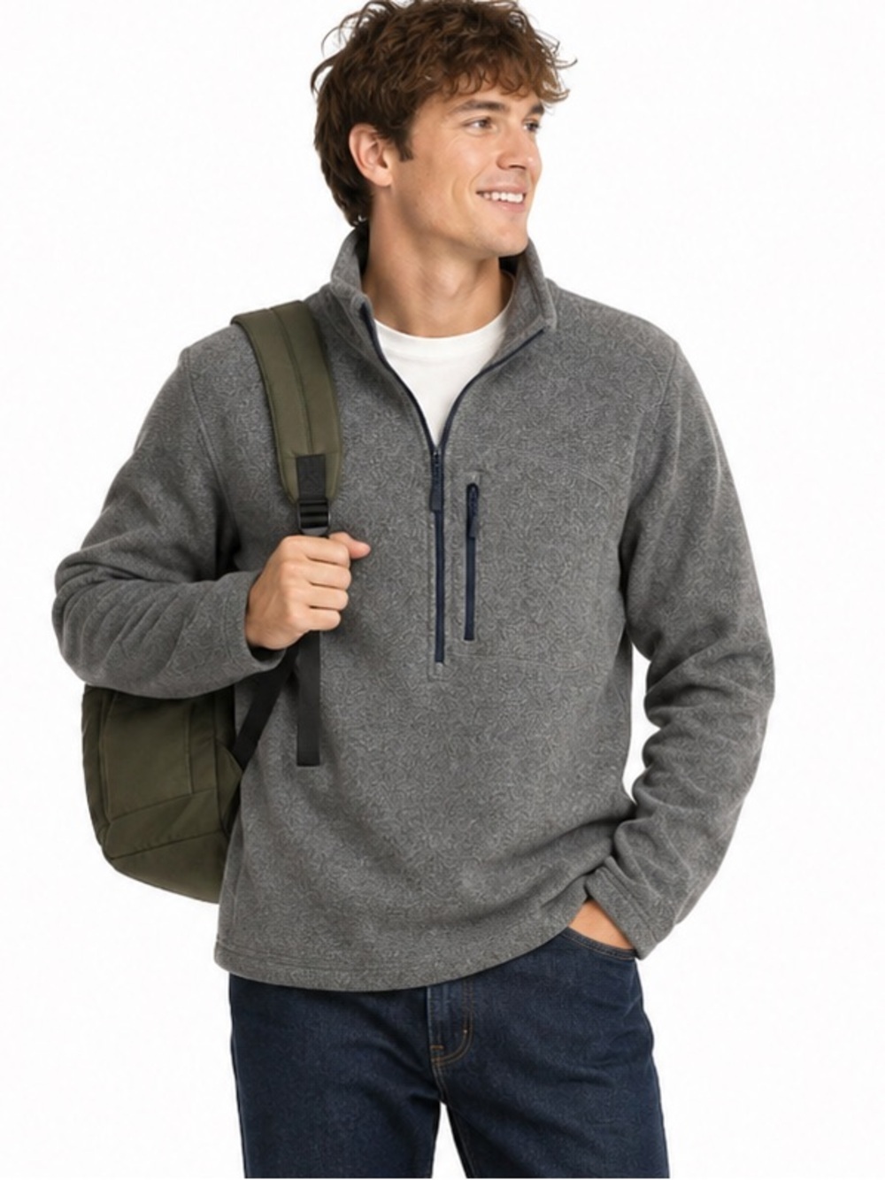 L.L. Bean Grey 1/4 Zip Long Sleeved Stand Up Collar Pocket Pulled Fleece Sweater